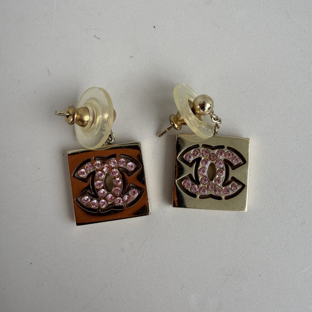 Chanel Vintage Coco Mark Pink Rhinestone Square Drop Earrings